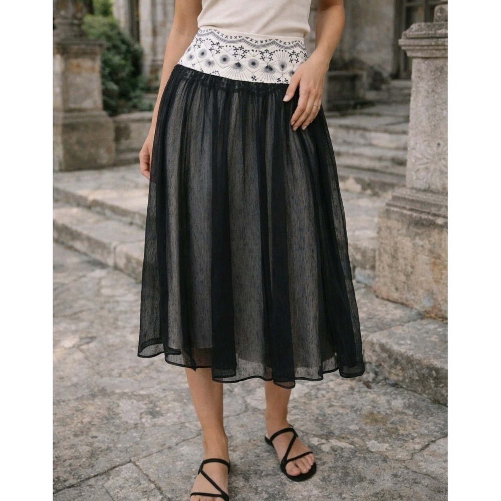 Vintage DStudio Embroidered Linen Skirt Women Size 6 Black Sheer Overlay Boho